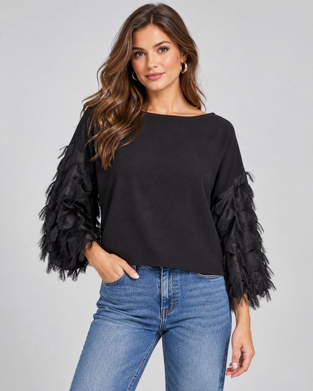 H&M Black Peacock Feather Fringe Sleeve Statement Top Size 8